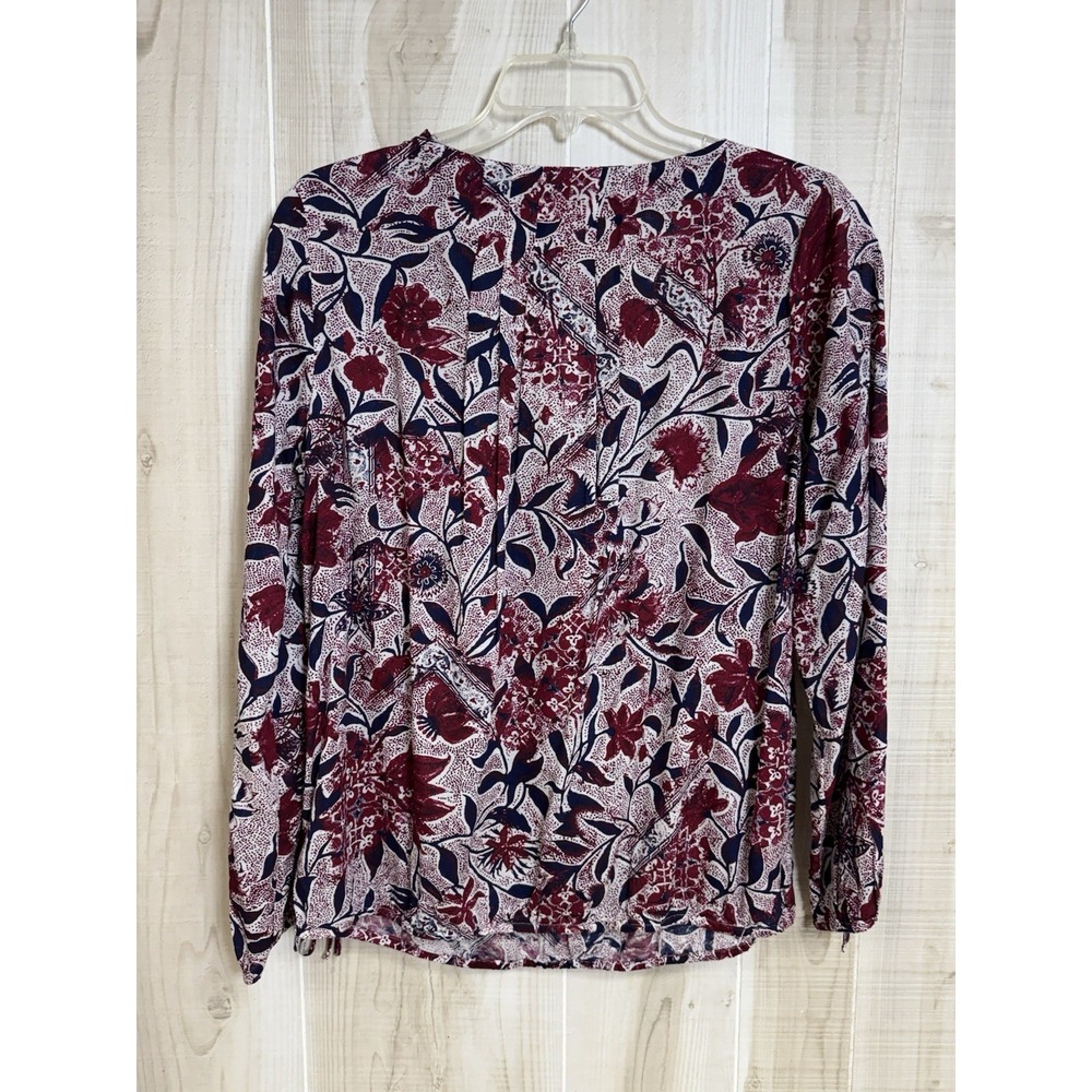Lucky Brand Floral Popover Boho Blouse M Peasant V Neck Burgundy Navy White